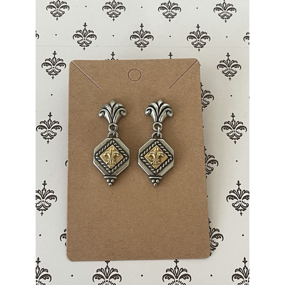 Vintage Brighton Collectibles Retired Two Tone Fleur De Lis Dangle Earrings - Picture 4 of 8